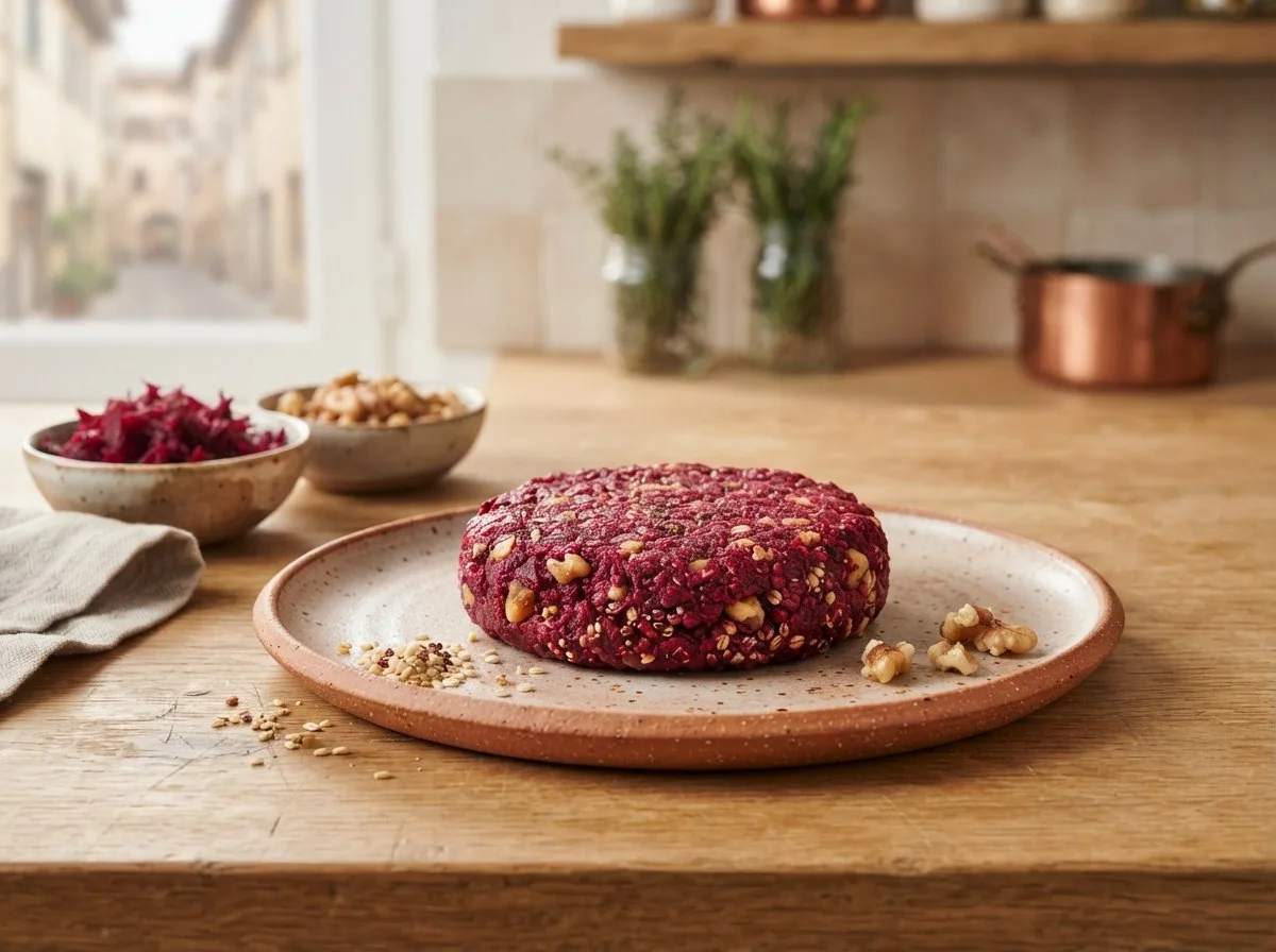 Burger di barbabietola cruda dall'aspetto rosso vivo